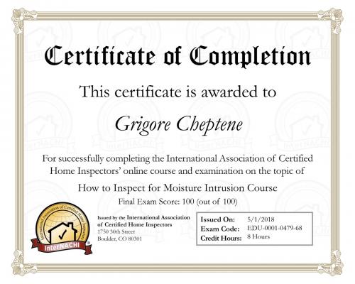 Certificate for Moisture Intrusion Course